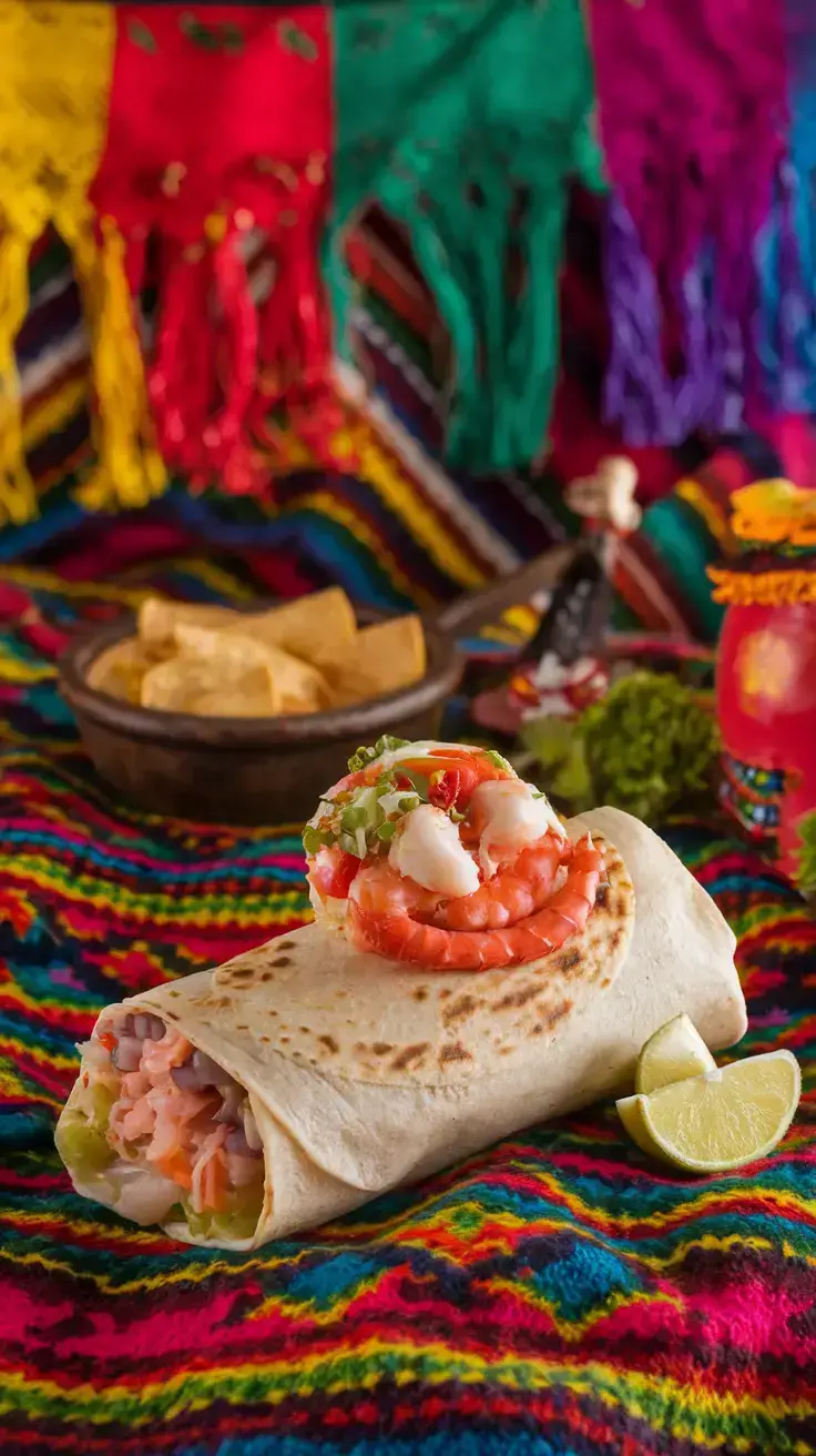 Entire Seafood Burrito in a Colorful Setting