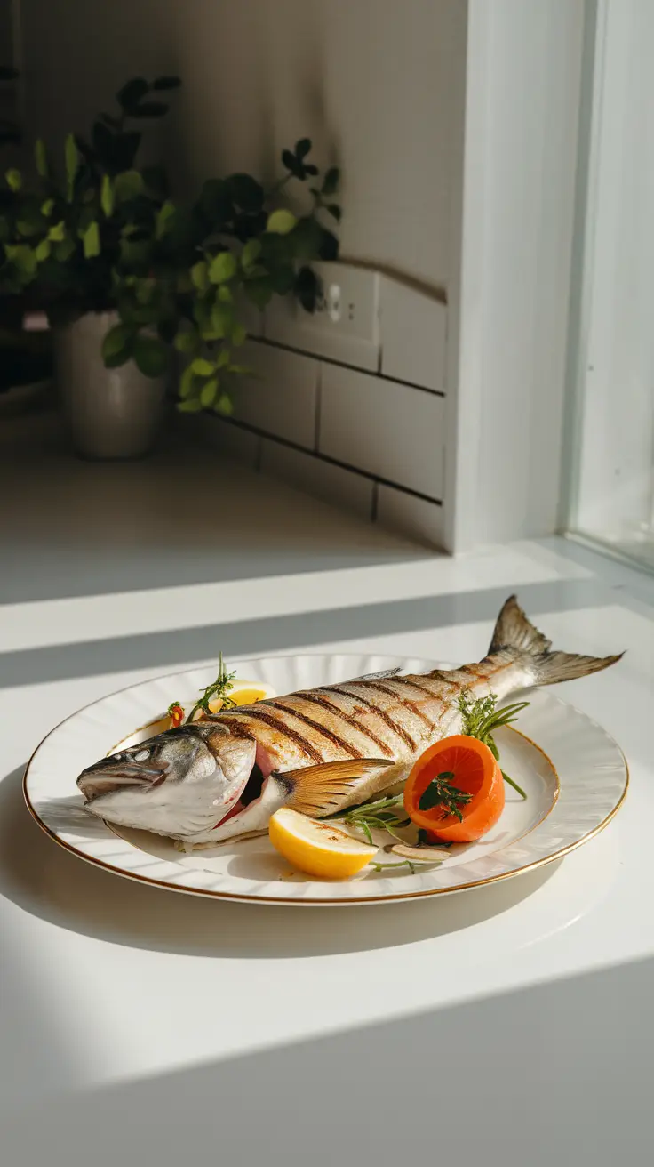 Entire Grilled Cobia in a Modern Kitchen Setting