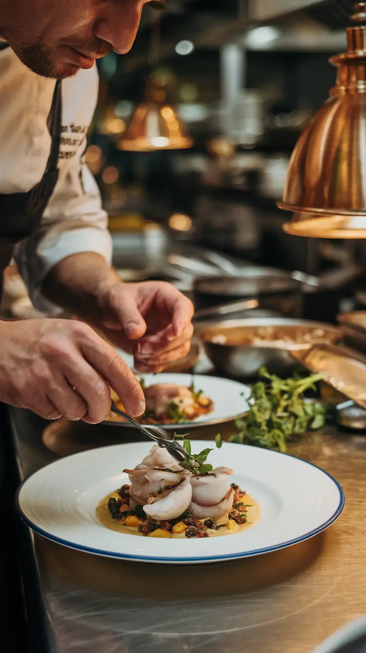 Chef Preparing Grouper Cheeks in a Restaurant Kitchen