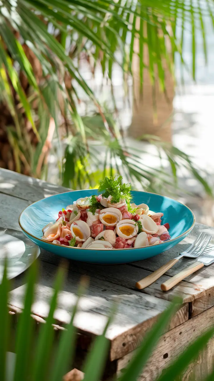 Entire conch salad in a Rustic Outdoor Setting