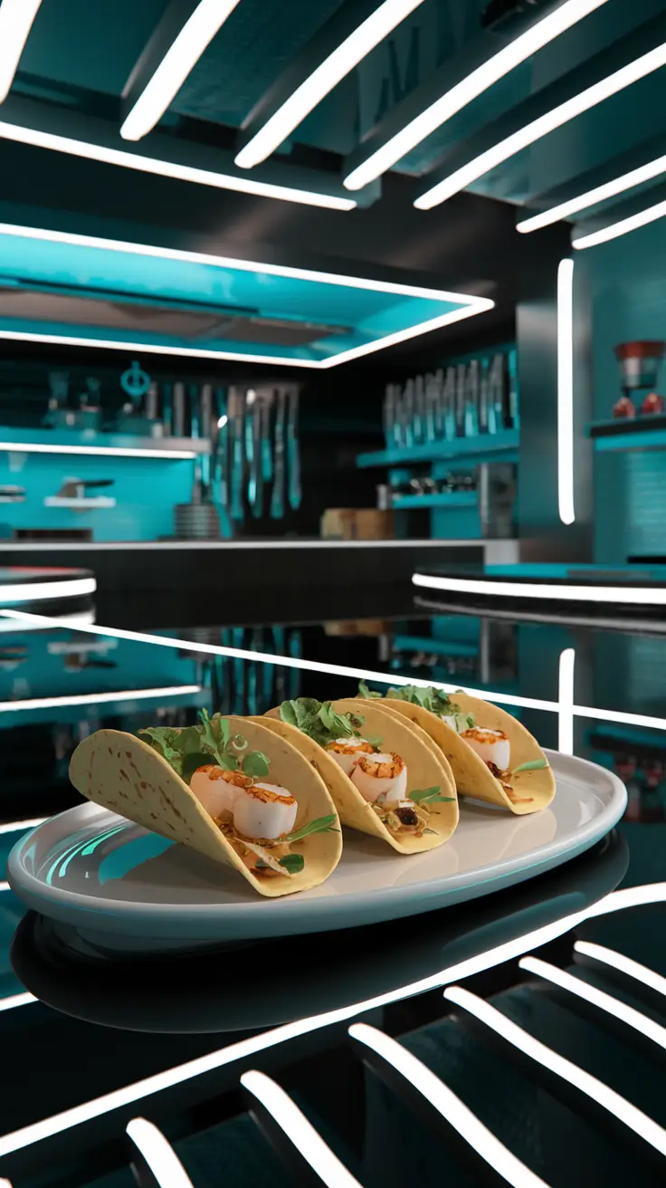 Entire Scallop Tacos in a Futuristic Kitchen