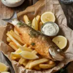 Entire Fish and Chips in a Rustic Setting