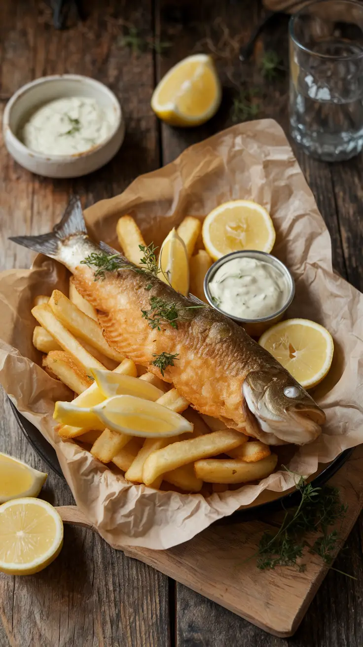 Entire Fish and Chips in a Rustic Setting