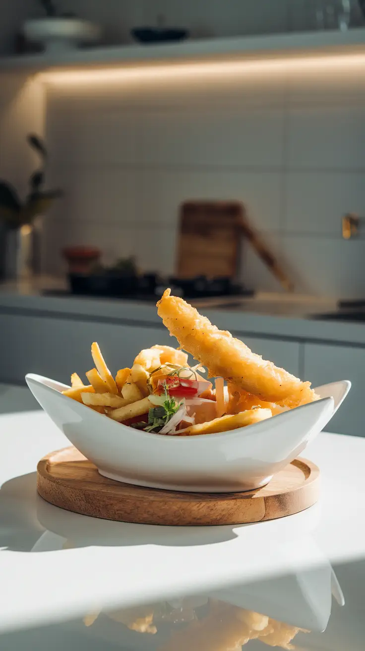 Entire Fish and Chips in a Modern Kitchen Setting