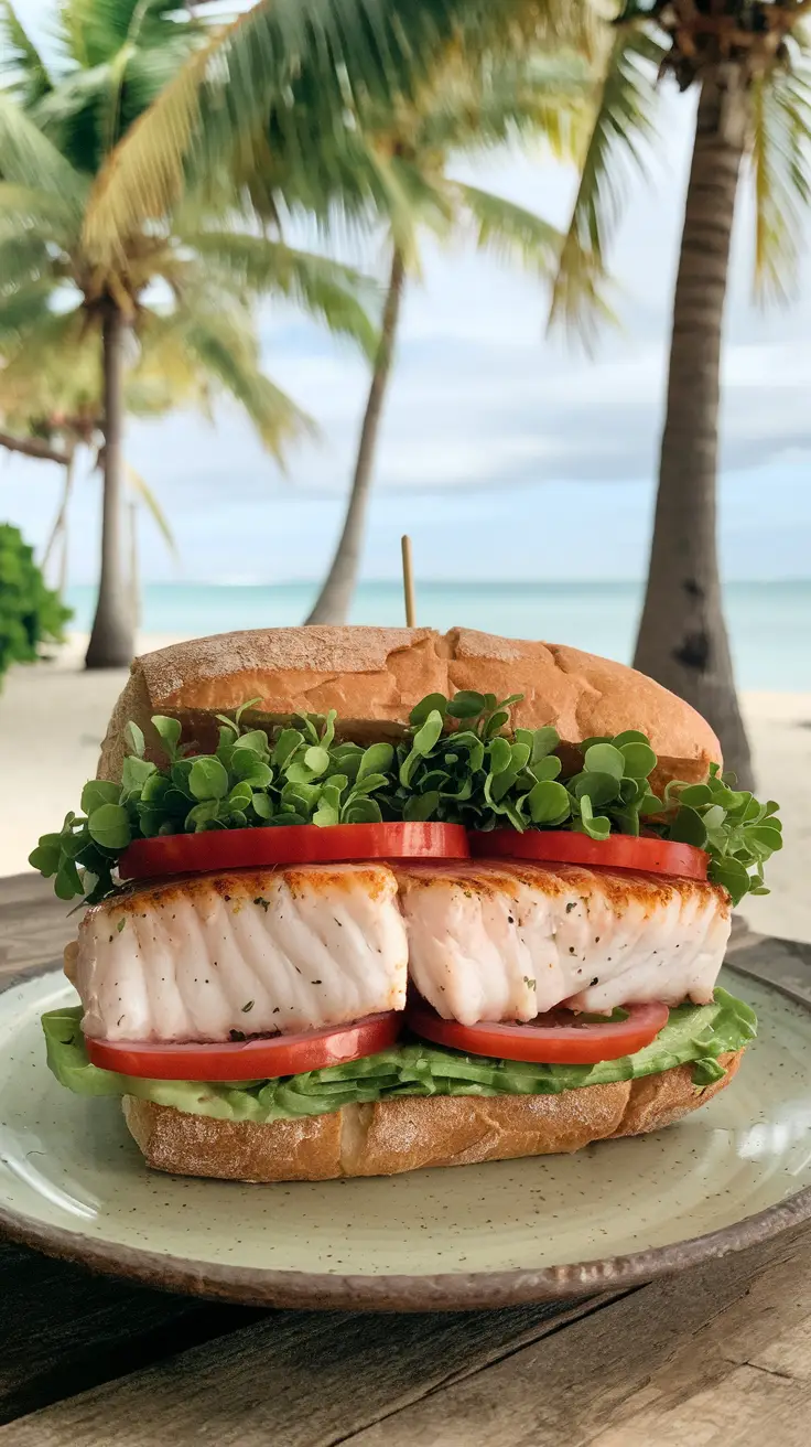 Entire Mahi Sandwich in a Beach Setting