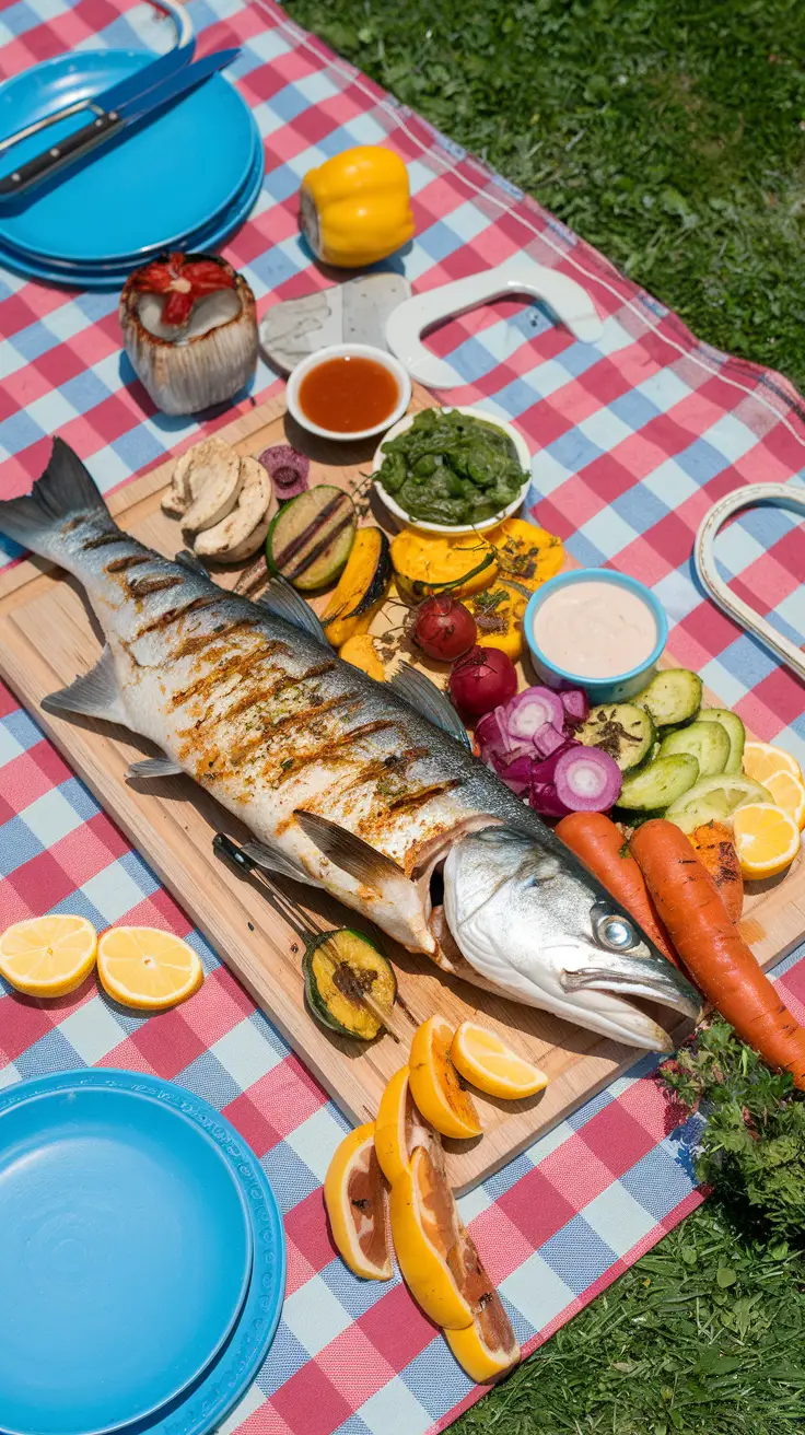 Grilled Cobia with Colorful Vegetables at a Picnic